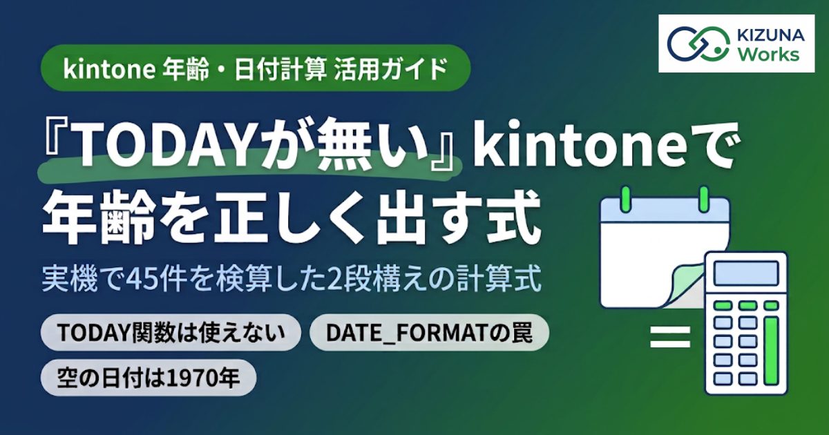 kintone年齢計算の式まとめ|日付計算でTODAYが使えない問題の解決法【2026年版】